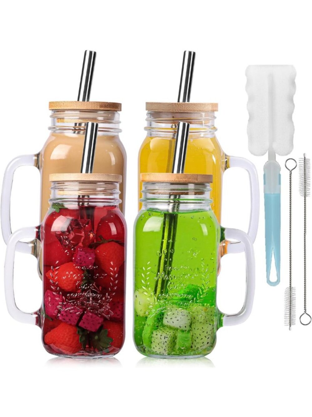 Set of 4 Mason Jar Cups with Lids & Straws - Handle Drinking Glasses, Mugs